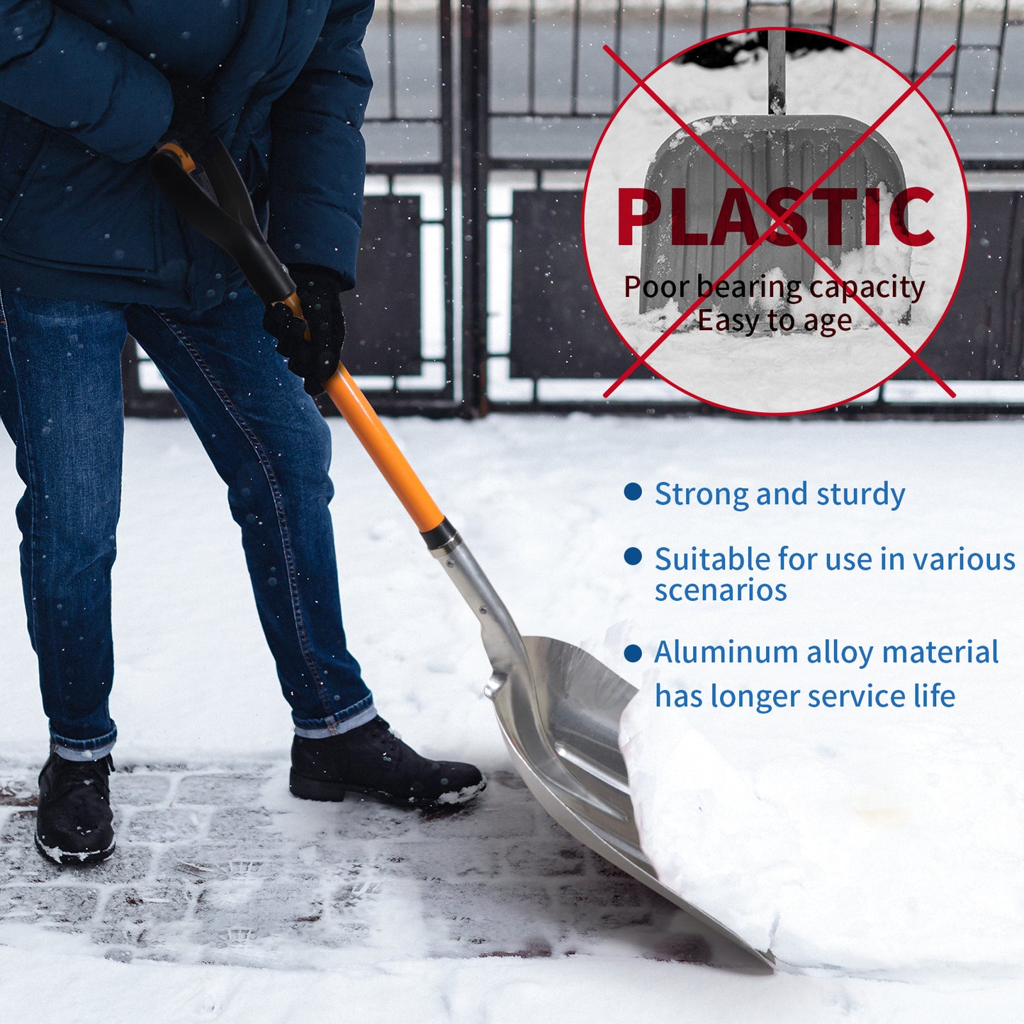 VNIMTI Aluminum Snow Shovel for Driveway, Large Capacity Snow Shovel for Snow Removal, Metal Snow Shovel with Fiberglass D-Handle, 45 Inches - VNIMTI Tools