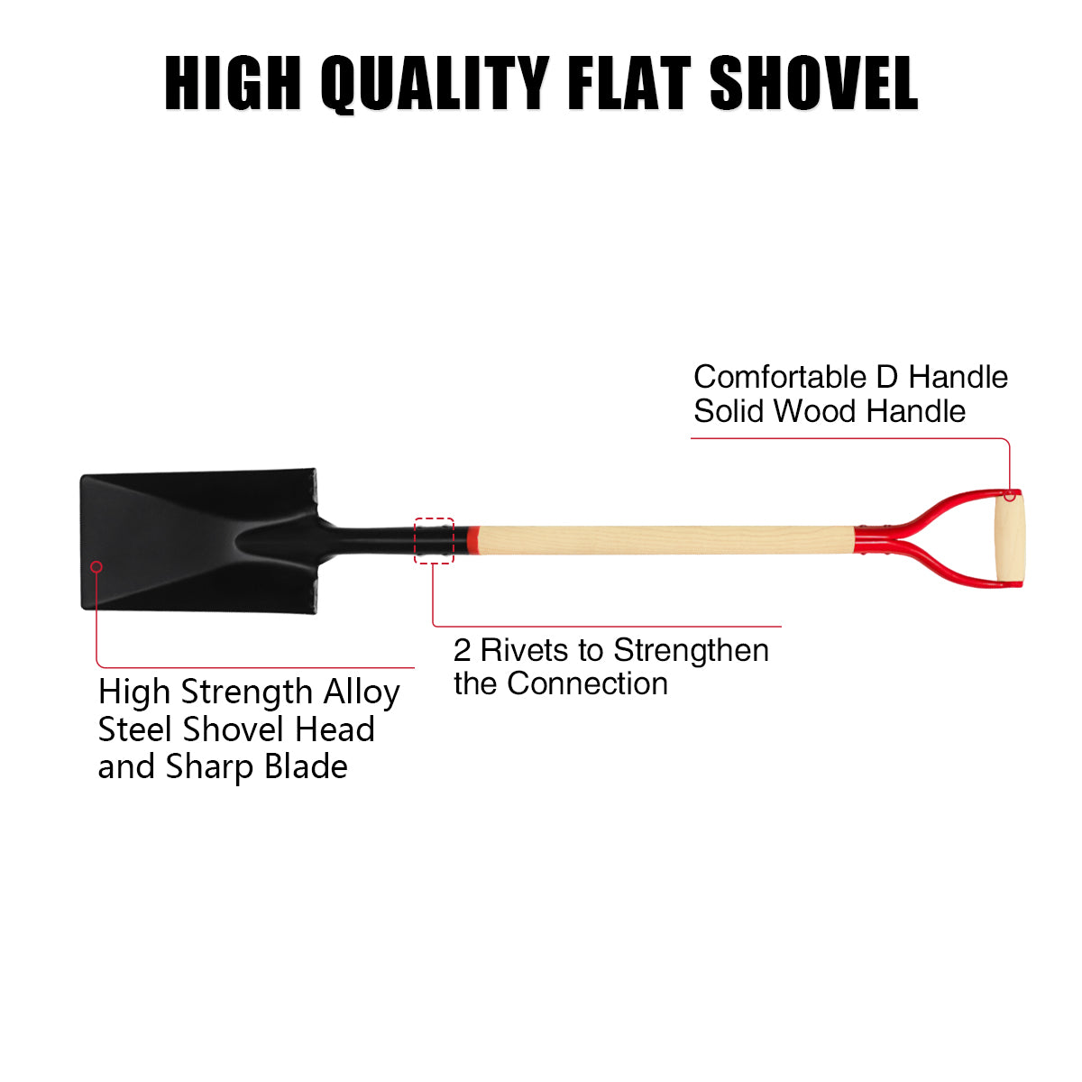 VNIMTI Shovel for Digging, Heavy Duty Spade Shovel with Wooden D-Handle, Square Flat Shovel for Gardening and Edging, 45 Inches