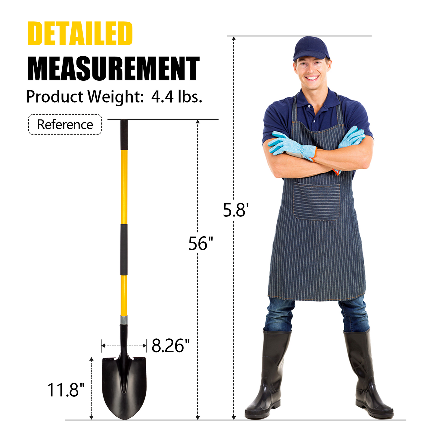 VNIMTI Shovel for Digging, 56 Inches Heavy Duty Shovel for Gardening, Round Shovel for Digging with Fiberglass Handle (Yellow)
