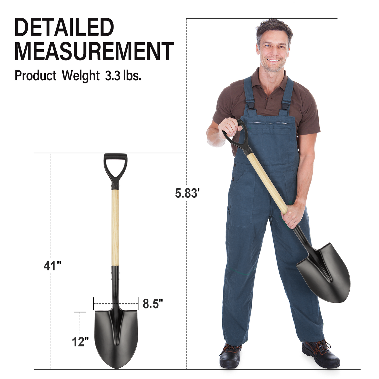VNIMTI Shovel for Digging, Round Small Shovel with Wooden D-Handle, Metal Garden Shovel for Gardening, 41 Inches