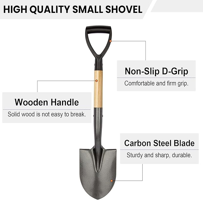Shovel for Digging, Round Small Shovel with Wooden D-Handle, Metal Garden Shovel for Gardening, 28 Inches - VNIMTI Tools