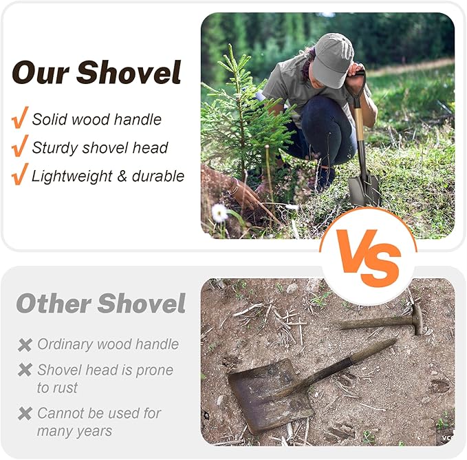 Shovel for Digging, Round Small Shovel with Wooden D-Handle, Metal Garden Shovel for Gardening, 28 Inches - VNIMTI Tools