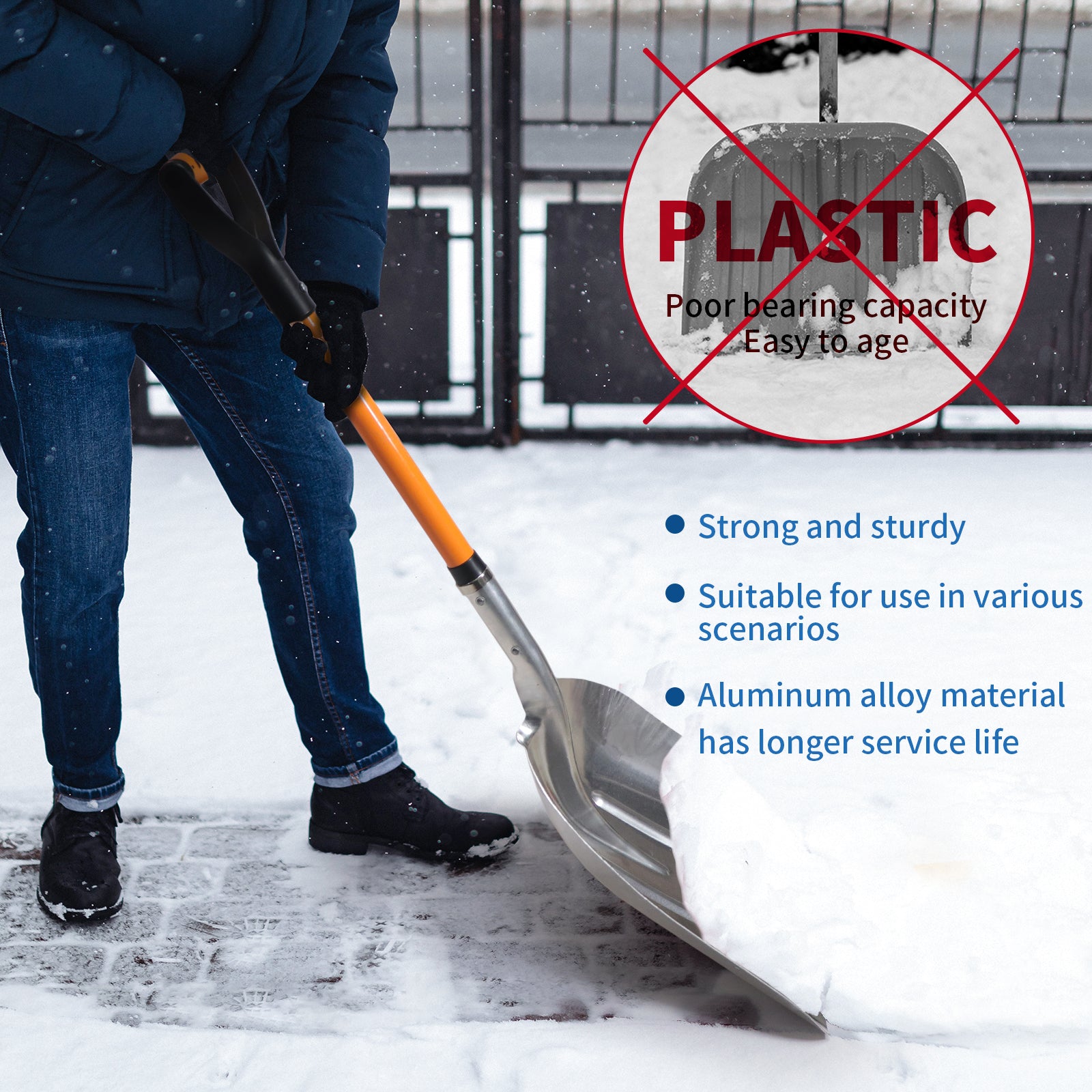 VNIMTI Aluminum Snow Shovel for Driveway, Large Capacity Snow Shovel for Snow Removal, Metal Snow Shovel with Fiberglass D-Handle, 45 Inches - VNIMTI Tools