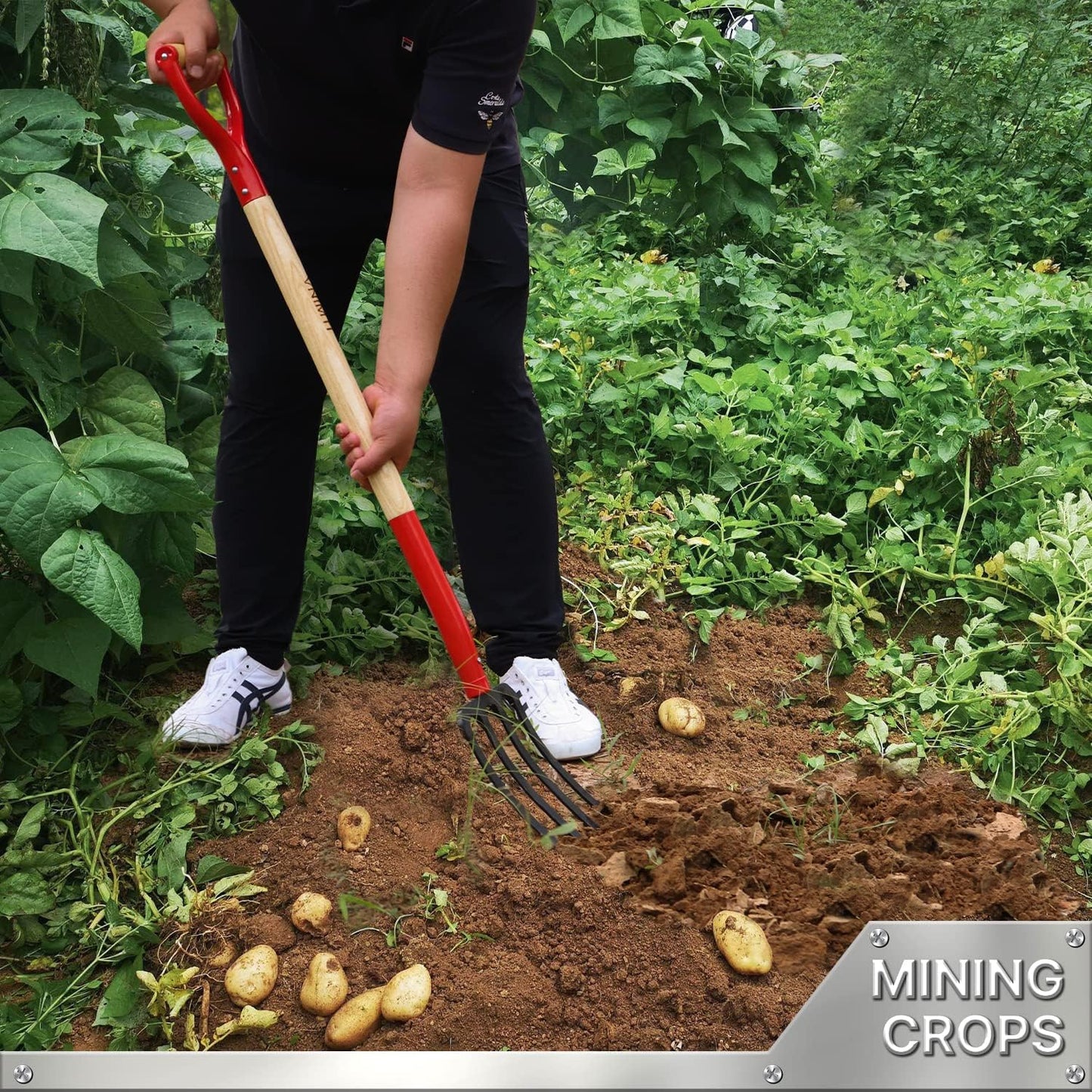 Garden Fork,4-Tine Spading Fork,Compost Fork,Steel Digging Fork,45Inch,Steel Y-Grip,Wooden Handel - VNIMTI Tools