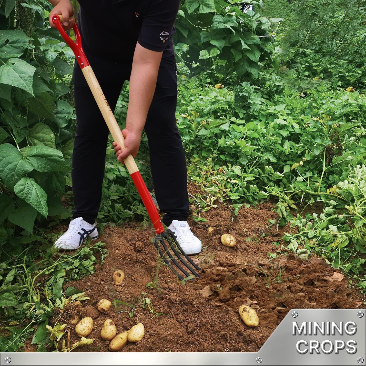 Garden Fork,4-Tine Spading Fork,Compost Fork,Steel Digging Fork,45Inch,Steel Y-Grip,Wooden Handel - VNIMTI Tools
