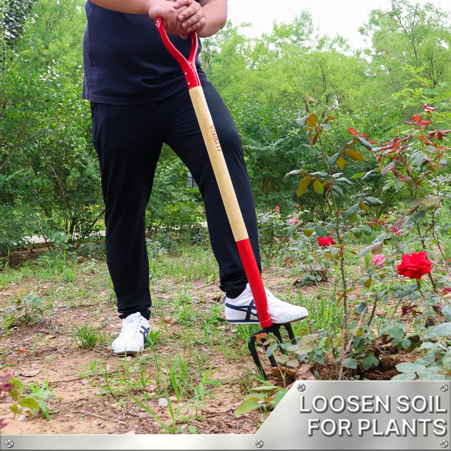 Garden Fork,4-Tine Spading Fork,Compost Fork,Steel Digging Fork,45Inch,Steel Y-Grip,Wooden Handel - VNIMTI Tools